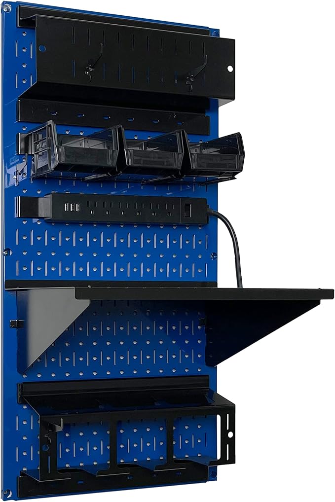 Wall Control Power Tool Storage Organizer Kit Cordless Drill Holder Charging Station Rack 16” x 32” Metal Pegboard Organization System (Blue Pegboard)