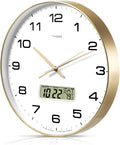 TIMESS Wall Clock, 14" Large Dial Non-Ticking Silent Battery Operated Analog with LCD Display for Perpetual Calendar and F° Temperature, Ideal Modern Home, Bedroom, Office Decor (Gold)