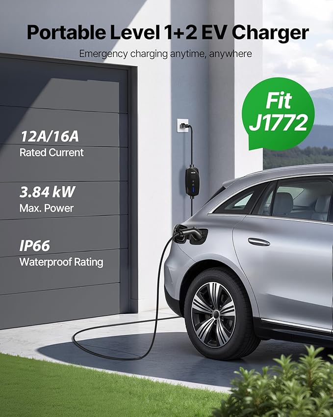 VEVOR Level 1&2 EV Charger, 16 Amp Adjustable Current, Electric Vehicle Portable Charger with 25 ft Cable, 120V-240V, NEMA 6-20P Plug NEMA 5-15 Adapter, LCD, Home Car Charging Station for SAE J1772 EV