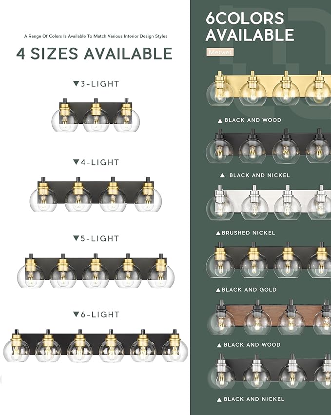 METWET Bathroom Light Fixtures, 5-Light Black and Gold Bathroom Vanity Light, 32 Inch Modern Wall Sconces with Globe Clear Glass Shade, Vanity Lighting Fixtures Over Mirror, VL195-KG-5
