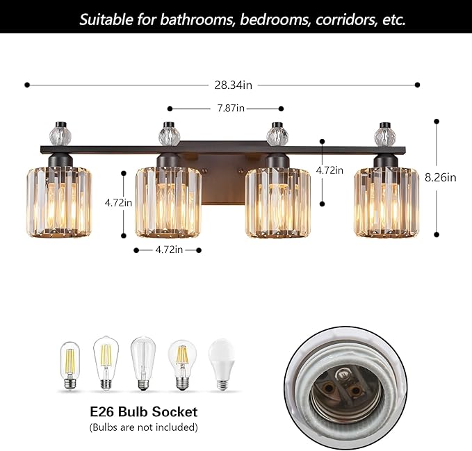 FDPBY Bathroom Vanity Lights 4-Light Sand Black Modern Crystal Vanity Light Fixtures Over Mirror Crystal Bathroom Vanity Lighting Fixtures
