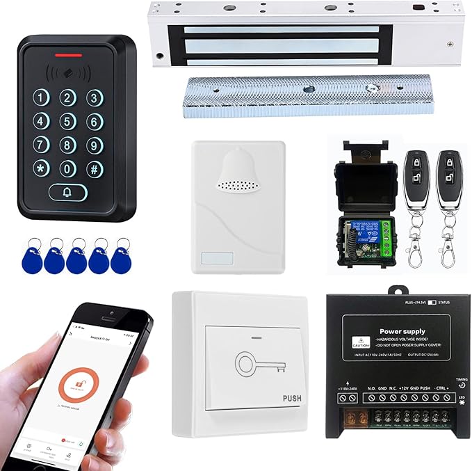 Smart Door Access Control System with 280KG 600lbs Magnetic Lock, WiFi & Tuya App Remote Unlock, Waterproof Keypad Reader (ID & IC Card), Power Supply, Exit Button, Doorbell & Remote Controls