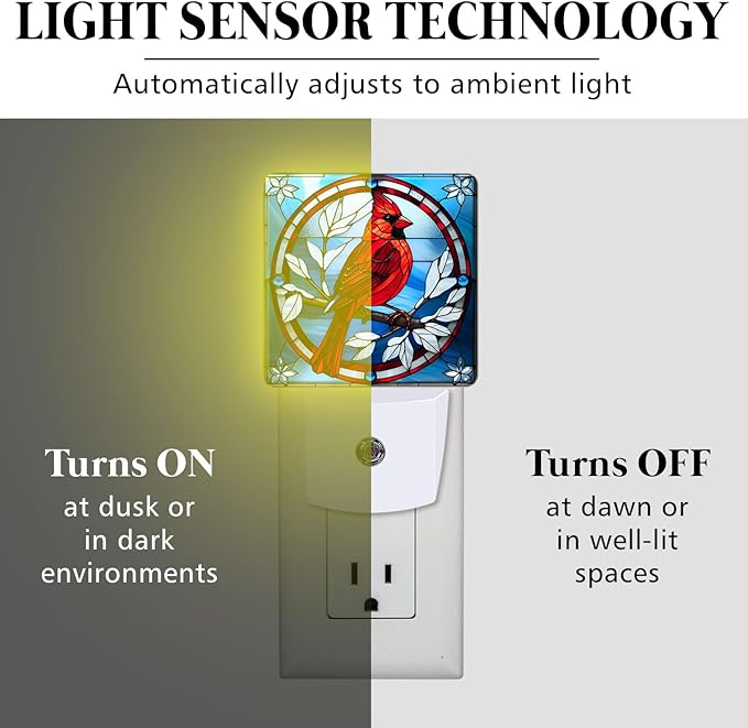 PODMemory Cardinal Stained Glass Night Lights Plug into Wall for Room, Cardinals Night Light LED for Bedroom