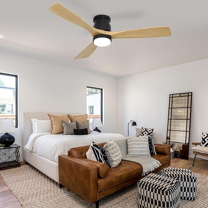 revoici Flush Mount Ceiling Fan with Light Remote, 52inch Natural Wood Ceiling Fans, 6 Speeds Reversible DC Motor 3CCT LED Lighting, Indoor Outdoor Fan Farmhouse Bedroom Living Room