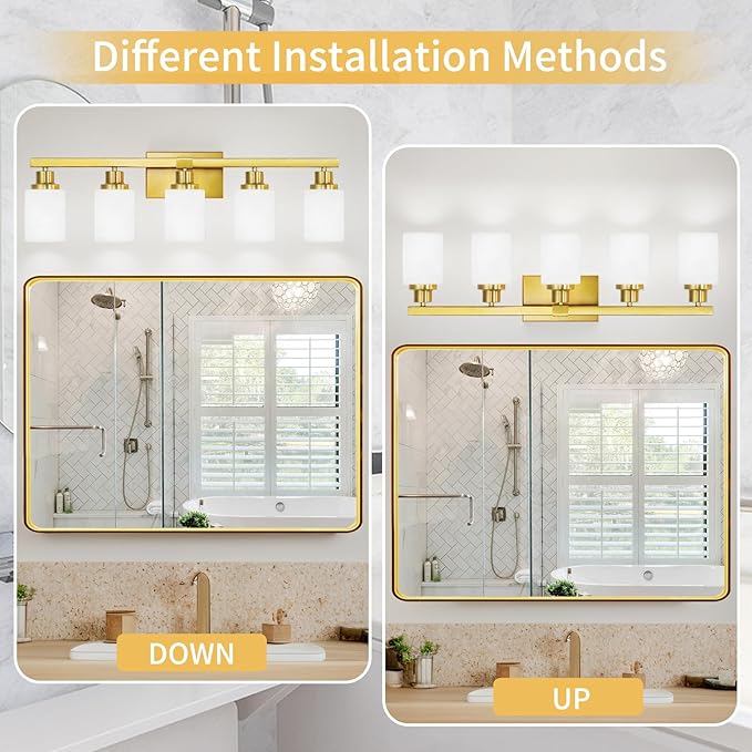 DIKAIDA Gold Bathroom Light Fixtures, 5-Light Modern Brushed Gold Vanity Lighting Fixtures for Bathroom Over Mirror, 30" Gold Sconces Wall Lighting for Bedroom Hallway Living Room