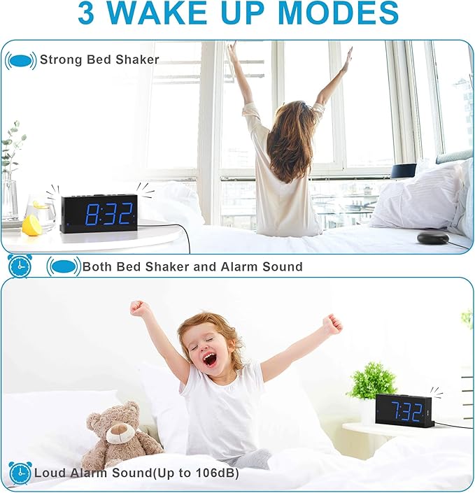 Extra Loud Dual Alarm Clock with Vibration for Bedroom,Extreme Bed Shaker Alarm Clock for Deep Sleeper Hard of Hearing Deaf,7" Clear LED Display,USB Port,Battery Backup,Easy to Set for Senior,Kids,DST
