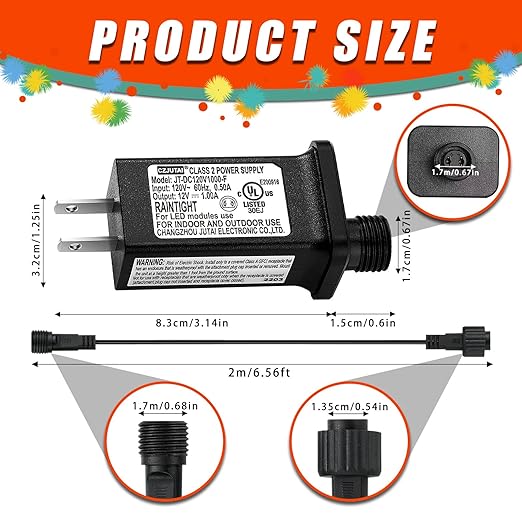 12V 1A LED Controller with Extension Cord, Replacement Model JT-DC120V1000-F Class 2 Power Supply Ip44 Low Voltage Transformer for Christmas String Light Inflatable Decorations
