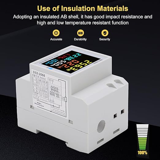 D52-2066 Single Phase Energy Meter with LCD Display Din Rail Electricity Usage Monitor for Voltage Current Power KWh Frequency Power Factor - 220V AC 40V-300V 100A Household & Industrial Use