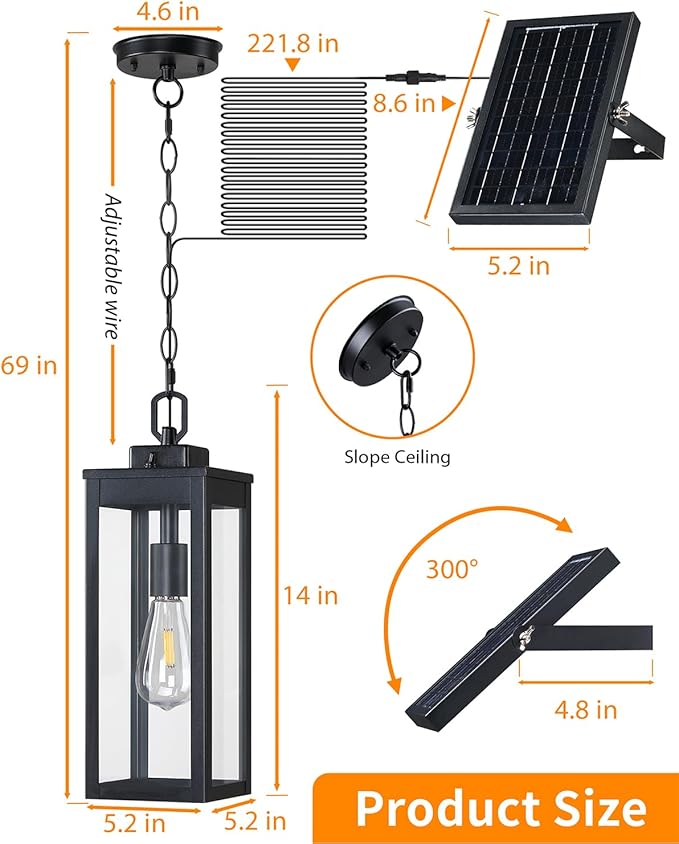 15'' Large Solar Pendant Light Outdoor, Modern Outside Chandelier Outdoor Hanging Lantern, Black with Clear Glass, Exterior Pendant Lighting Fixture Ceiling Mount for Porch, Entryway, Gazebo, 1 Pack
