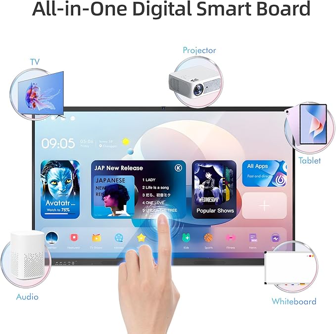QIXZOCV 75" Smart Board for Business, Large Interactive Whiteboard with Multi-Touch, 4K Electronic Board with Screen Sharing, Bluetooth/WiFi/HDMI, Camera & Mic, Android 13,8+128G (Wall Mount Included)