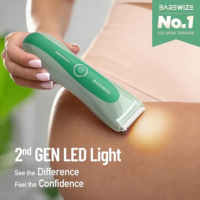 BAREWIZE Bikini Trimmer for Women, Electric Shaver for Women | LED Light, IPX7 Waterproof, USB-C Rechargeable, Ceramic Blade | Electric Razors for Women, Pubic Hair Trimmer Women (Jade Glow)