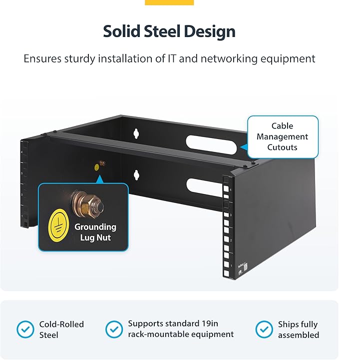 StarTech.com 4U Wall Mount Network Rack - 14 Inch Deep (Low Profile) - 19" Patch Panel Bracket for Shallow Server and IT Equipment, Network Switches - 44lbs/20kg Weight Capacity, Black (WALLMOUNT4)