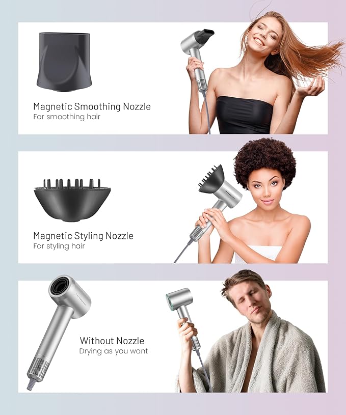 Cosy Companions High-Speed Ionic Hair Dryer, 150000 RPM Brushless Motor for 2-5Min Fast Drying, Low Noise Blow Dryer Reduces Frizz & Heat Damage, Lightweight Hair Dryer with Diffuser & Nozzle, Silvery