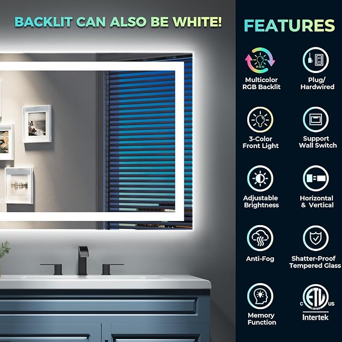 YEELAIT 40x36 Inch RGB LED Bathroom Mirror Front Light and RGB Backlit Lighted Vanity Mirror for Bathroom Wall Mounted Dimmable Anti Fog Memory Shatter-Proof IP54 Waterproof Horizontal/Vertical