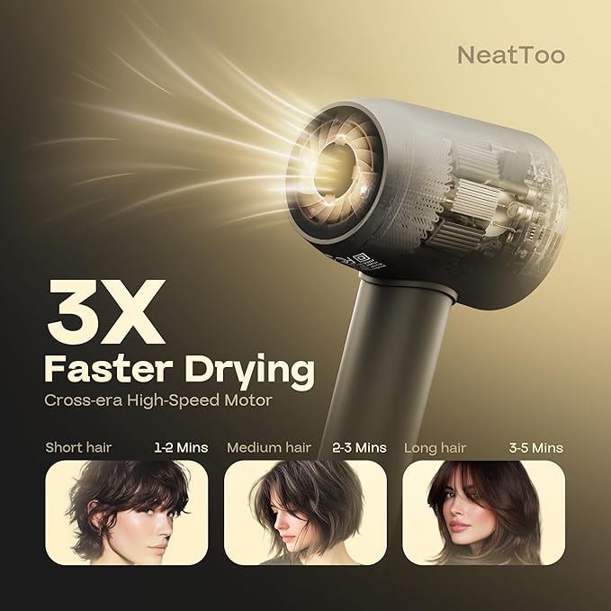 NeatToo Turbo Pro Hair Dryer | 3 Speed Settings with LCD Display | 500M Negative Ions for Smooth Shine | 160,000 RPM Brushless Motor | 1500W Fast Drying, Low Noise & Lightweight Blow Drye