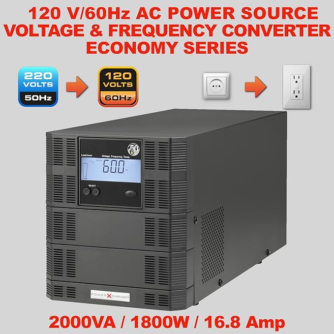 PowerXchanger EX Series Voltage & Frequency Converter, 900–2340W Pure Sine Wave Step-Down 200–240V 50Hz to 120V 60Hz, Lightweight Reliable Design, True Continuous Duty Transformer (1800, Watts)