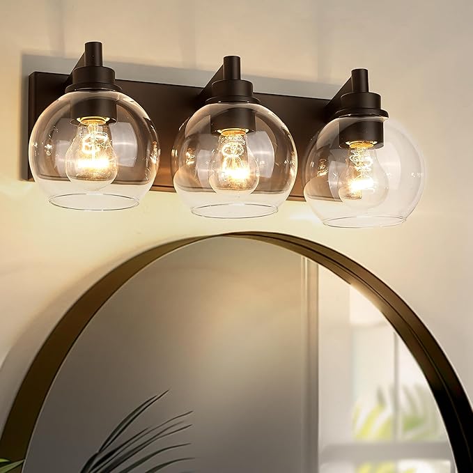 METWET Bathroom Light Fixtures Over Mirror, 3-Light Oil Rubbed Bronze Vanity Light with Clear Glass Globe Shade, Modern Sconces Wall Lighting, Bathroom Wall Lights for Bedroom Hallway, VL195-ORB-3