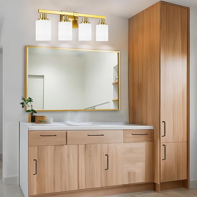 DIKAIDA 4-Light Gold Vanity Light, Modern Gold Bathroom Light Fixtures Over Mirror with Milky White Glass Shade, Bath Wall Mount Lights Wall Lamp for Mirror Bedroom, Living Room Hallway Kitchen