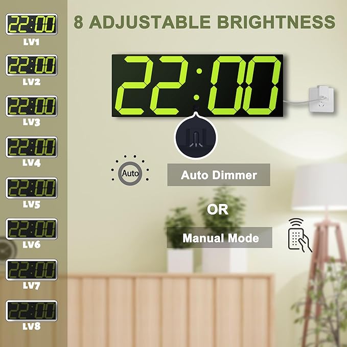 CHKOSDA LED Large Digital Wall Clock, Oversize Digital Clock with 6” Numbers, Remote Control Count up/Countdown Timer Clock, Auto Dimmer, Big Calendar and Thermometer（Yellow