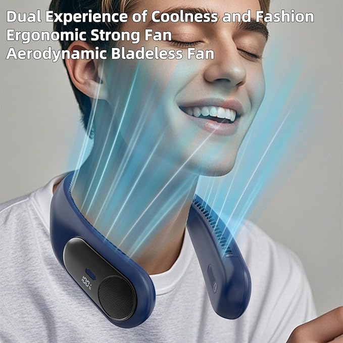Portable Neck Fan,Personal Wearable Bladeless Fan,LED Display,4-Speeds,6000mAh USB Rechargeable,360° Strong Cooling Wind,Hands Free,White Elephant Gift,Christmas Gifts for Men Women Dad Mom (Blue)
