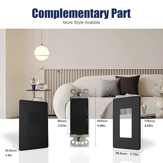 ThunderWay Matte Black 3 Way Decorative Light Switch with Plate, 15 A 120/277 V Rocker Paddle Wall Switch Replacement, Self-Grounding, Residential Grade, Wall Plate, UL Listed (20 Pack)
