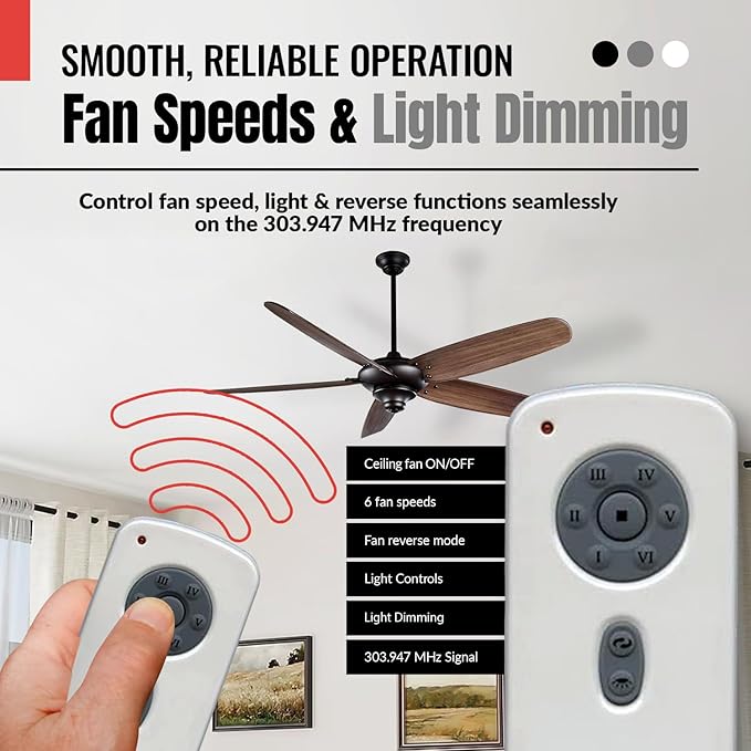 Anderic RH786R/RR787T-KIT 6-Speed DC Ceiling Fan Remote Control Kit Replacement for Casablanca Fanimation Slinger Holliston Panama Stealth Fellini – Light Dimmer, Reverse Function - CHQRH787T RH786R