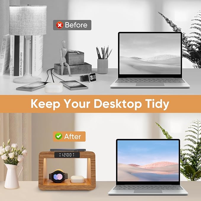 Bamboo Wireless Charging Station, 3 in 1 Charging Station with Light & Clock for Samsung & Android Phone, Wireless Phone Charger Station Only for Samsung Watch