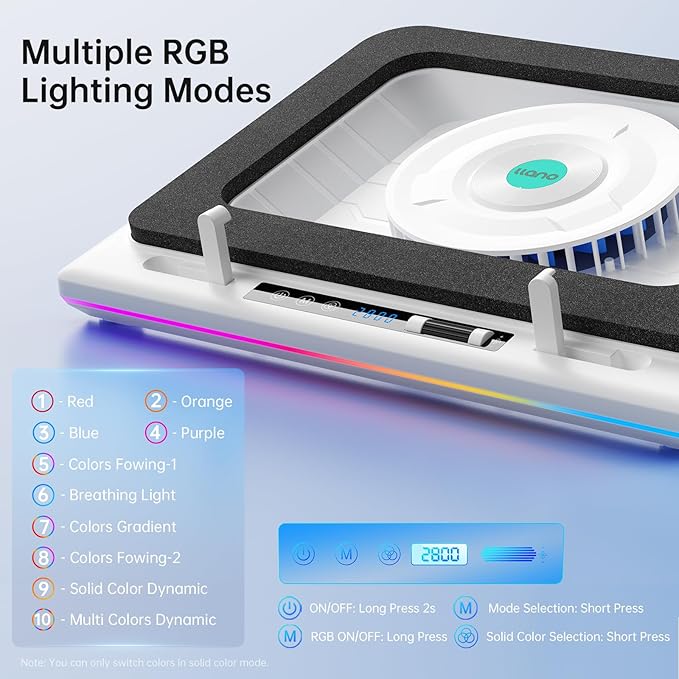llano RGB Laptop Cooling Pad, White, Powerful Turbofan, Quiet Cooling, Touch Control, LCD Screen, Seal Foam, 15-19in Laptops
