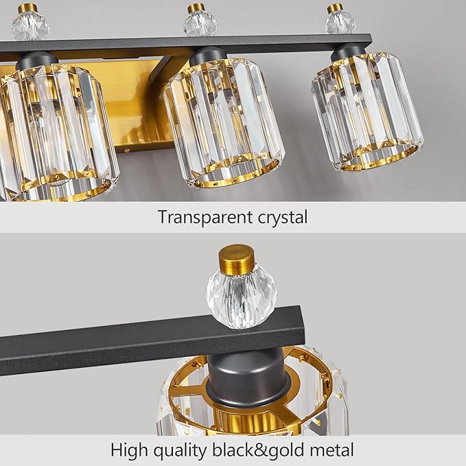 FDPBY Bathroom Vanity Lights 3-Light Sand Black Gold Modern Crystal Vanity Light Fixtures Over Mirror Crystal Bathroom Vanity Lighting Fixtures