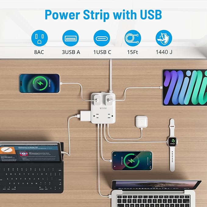 TROND Surge Protector Power Strip with USB, Ultra Thin Flat Plug 10ft Extension Cord 1625W, 3 USB-A & 1 USB-C, 8AC Outlets 1440J Surge Protection Wall Mount for Home Office Dorm Room Essentials, White