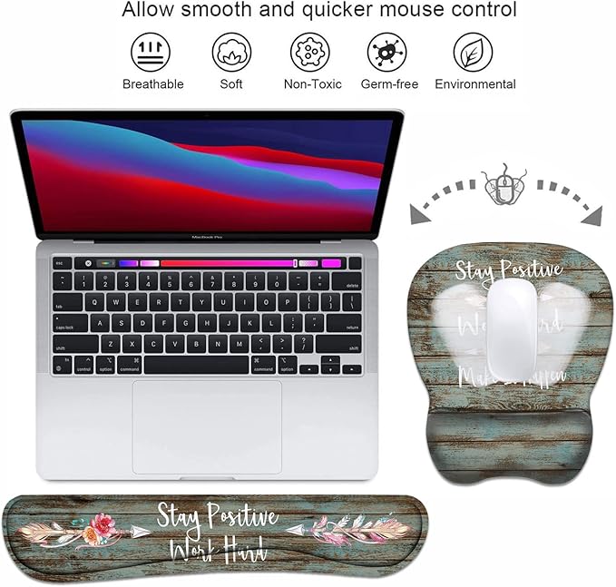 Mouse Pad Wrist Support and Keyboard Wrist Rest Set with Coasters, Inspirational Quote Stay Positive Work Hard and Make It Happen Non-Slip PU Base Ergonomic Mousepad for Home Office Working Studying