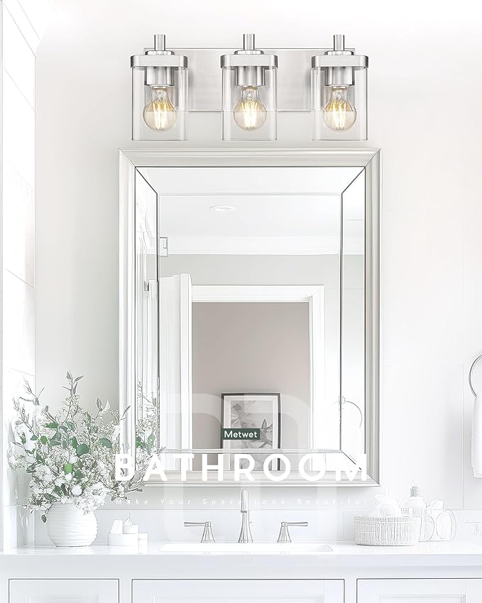 METWET Bathroom Light Fixtures, 3-Light Vanity Light with Square Clear Glass Shade, Brushed Nickel Modern Wall Sconces, Vanity Lighting Fixtures Over Mirror, VL194-BN-3