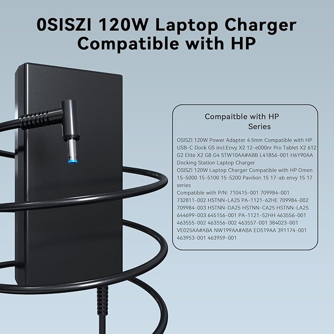 OSISZI 120W Power Adapter 4.5 * 3.0mm Compatible with HP Elite Dragonfly G2 ZBook 15v G5 Spectre 13-3000 Paviliion/Omen/Envy 15 17 Gaming 15 710415-001 Docking Station Laptop Charger