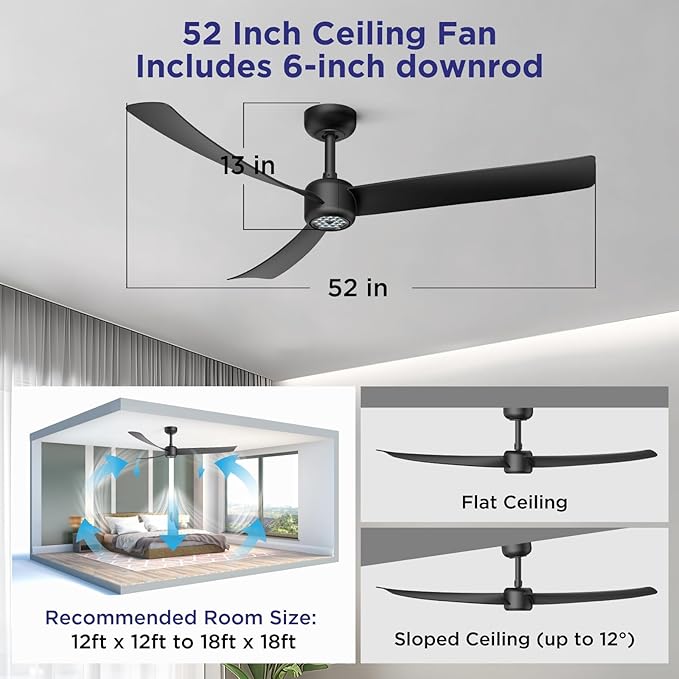 ocioc 52 Inch Ceiling Fans with Lights and Remote,Modern Ceiling Fan with Quiet Reversible DC Motor,6 Speeds,Timer,Dimmable, Black Ceiling Fan for Bedroom,Patios