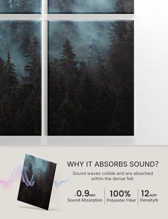 Wall Art Acoustic Panels,47''X31''Sound Absorbing Panels-8-Pack with 50 Adhesive Tabs, Panels for Living Room and Recording Studio, Offices-Foggy Nature Forest