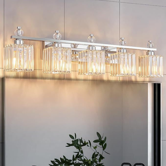 FDPBY Vanity Lights 5-Light Modern Crystal Vanity Light Chrome Bathroom Light Fixtures Over Mirror Crystal Bathroom Vanity Lighting Fixtures