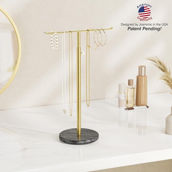 Josmimic Gold Necklace Holder Jewelry Organizer Stand – Adjustable Height T‑Bar Jewelry Display with Dark Gray Marble Base, Necklace & Bracelet Holder, Countertop Jewelry Stand