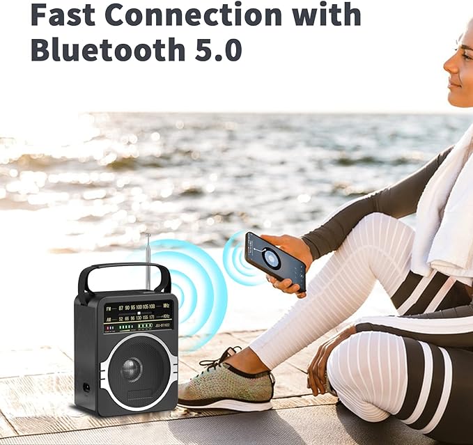 JEUJUG Portable AM FM Radio, Bluetooth 5.0 Radios 5 Watts Loud Speaker,FM Radio Built-in Rechargeable Battery/DC D*4 Cell Battery Operated & AC Power Plug in Wall Black