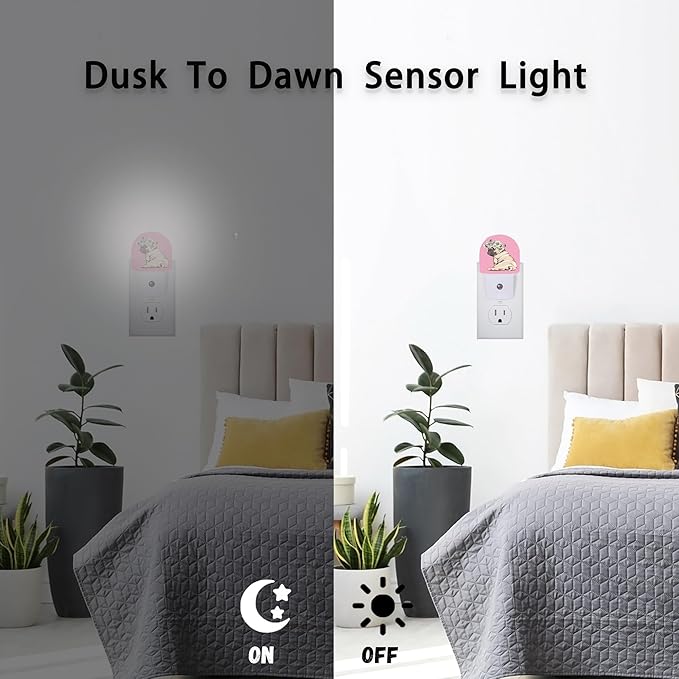 Axxitude Puppy Pug Chamomile Flowers Night Lights Plug into Wall for Girls Boys Room,Night Light LED Lamp Dusk to Dawn Sensor Round Lamp for Bedroom Bathroom Hallway Home Wall Decor Nightlight