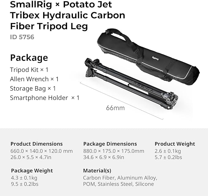 SmallRig x Potato Jet Tribex Hydraulic Carbon II Tripod Fast Extend Camera Travel Tripod, Low Angle Photograph to 5.9in/15cm, Max Height 61in/155cm, Weight 5.7lbs, Load up 55lbs -5756