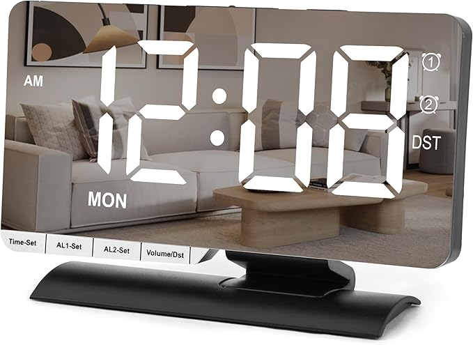 SZELAM Digital Clock,Alarm Clock Bedside,7.3'' Large LED Mirror with Date Display,Dual Alarm with 3 Mode,Brightnee Adjust,DST,Snooze Function,USB C Charging Port,5 Levels Volume for Desk Bedroom Teens