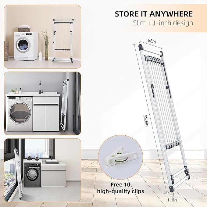 Unkqan Clothes Drying Rack, Foldable Laundry Rack for Indoor Outdoor, 10pcs Sock Clips, Collapsible Space-Saving Drying Rack for Clothes Towels Dolls, White (Gray)