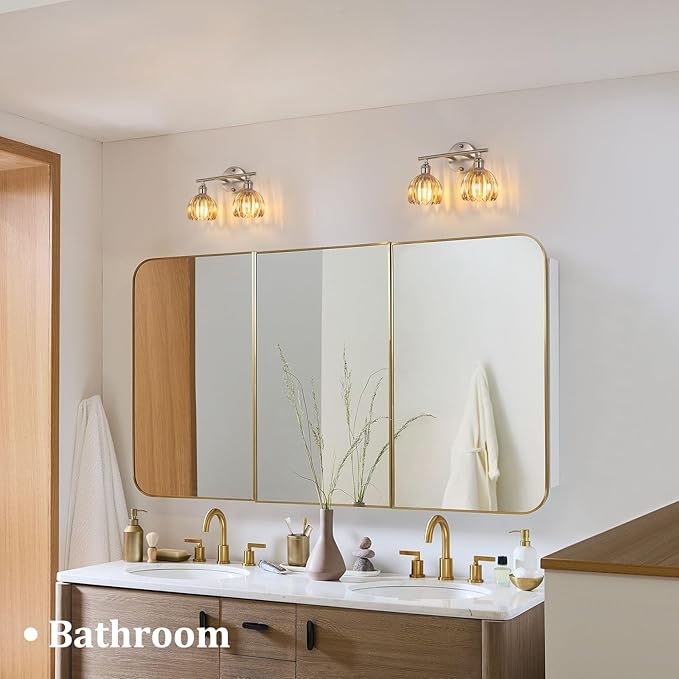 Shenmoyl Bathroom Light Fixtures, 2-Light Vanity Wall Light Over Mirror with Amber Tulip Glass Shade for Bedroom Living Room (Bulb Not Included), Satin Nickel
