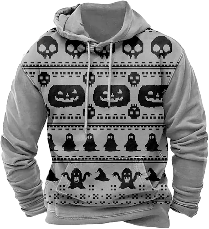 Halloween Hoodie Men Graphic Pumpkin Ghost Printed Sweatshirt Casual Trendy Long Sleeve Halloween Hooded Tops with Pockets