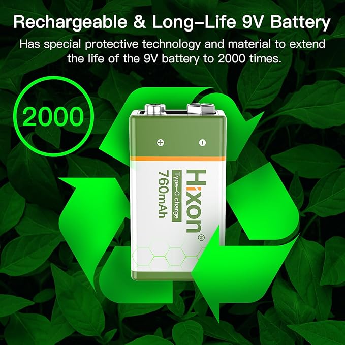 Hixon USB 9V Rechargeable Lithium Batteries - Long-Lasting 760mAh 9 Volt LI-ion Batteries with Type C Charging Cable - for Alarms Wireless Microphones Smoke Detectors Toys - 2 Pack
