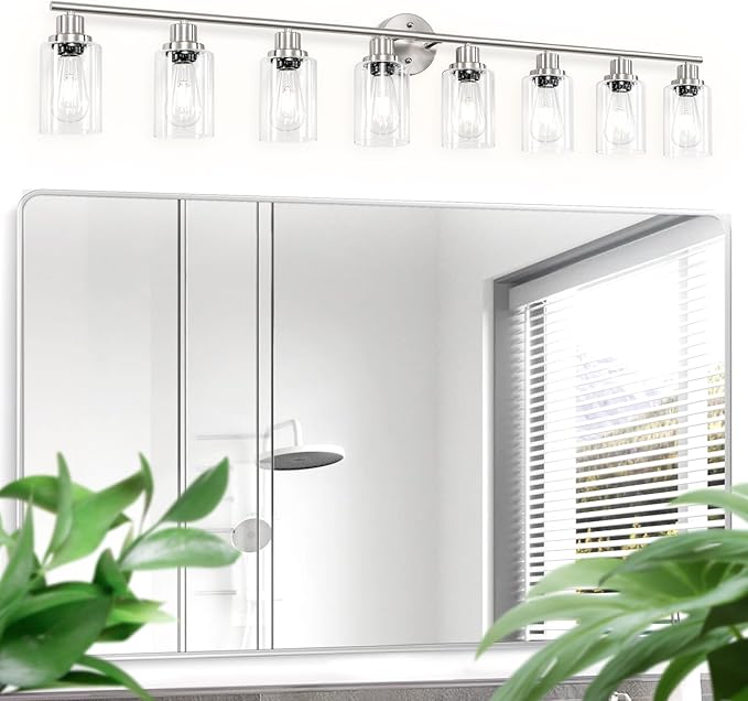 Guliaofo 8-Light Brushed Nickel Vanity Lights, Modern Bathroom Light Fixtures with Clear Glass Shade, Wall Lamps for Mirror Kitchen Hallway Cabinet Living Room Sconces Lights - E26