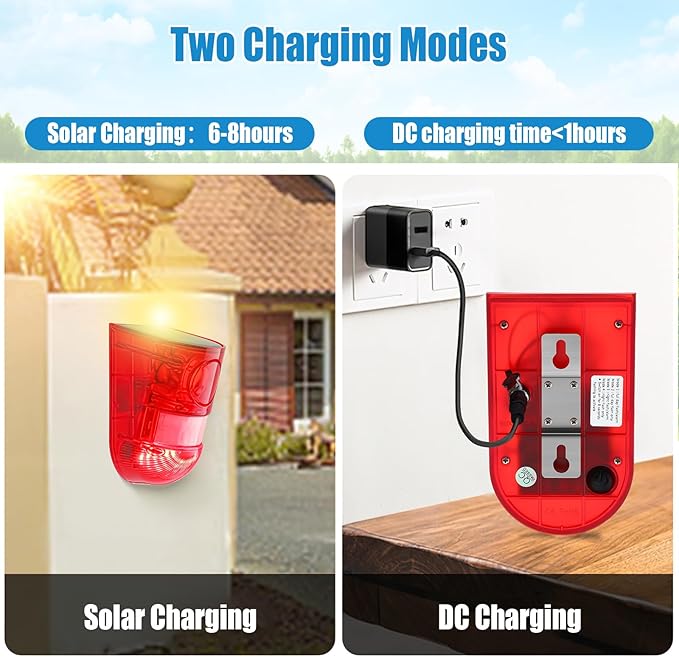 Qualirey 16 Pack Solar Sound and Light Alarm Motion Sensor 129db Outdoor Security Siren Waterproof Motion Activated Detector Alarm 6 LEDs Flash Warning Strobe System for Home, Farm (Red)