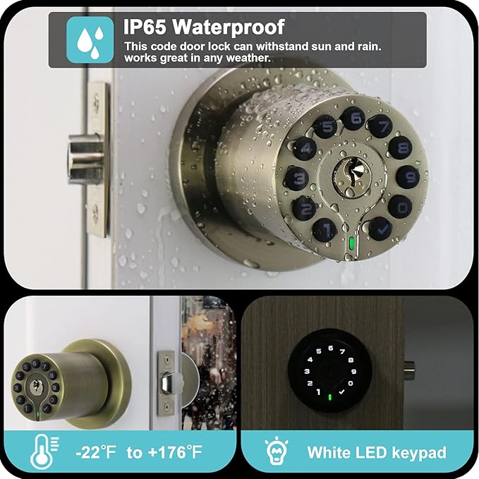 iulock Waterproof Electronic Door Knob with Keypad and Key, Auto Lock, Satin Nickel, 50 Codes, Easy to use and install for Office/Warehouse/Bedroom/Garage