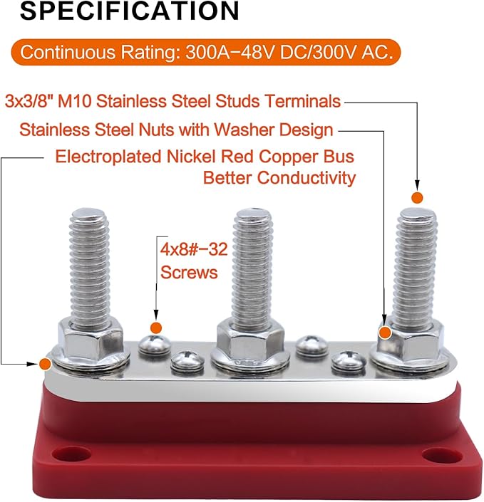 AMOMD 300A Bus Bar 3 Terminal Studs (3/8 inch) M10 4x8#-32 Screws Nickel Plated Copper Distribution Block Negative Electrical Buss Bars 12-48 V DC with Cover for Trailer Marine Boat Car RV (Red)