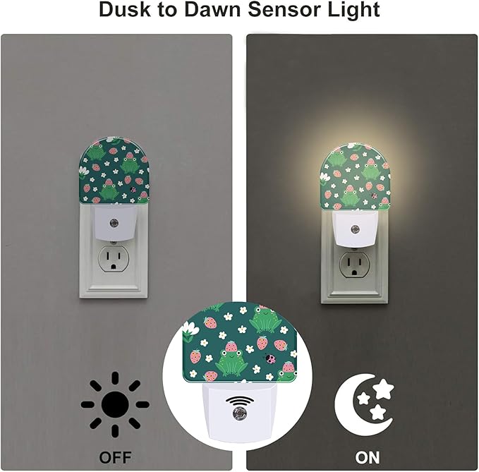 sndheke Strawberry Frogs with Daisies Flowers Night Light Plug into Wall,Cute Childish Frog Dusk to Dawn Night Light Plug in,0.5w Energy Saving NightLight for Kids Boys Girls Home Decor